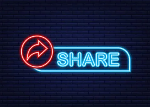 Share button in neon style on blue background. Social media. Vector stock Illustrazione stock