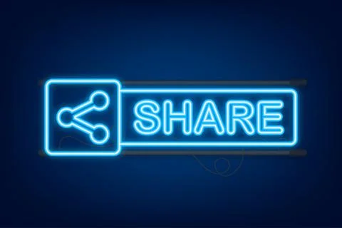 Share button in neon style on blue background. Social media. Vector stock Illustrazione stock