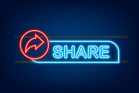 Share button in neon style on blue background. Social media. Vector stock Illustrazione stock