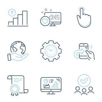 Share call, Heart and Graph chart icons set. Analytics graph, Hand click and Stock Illustration