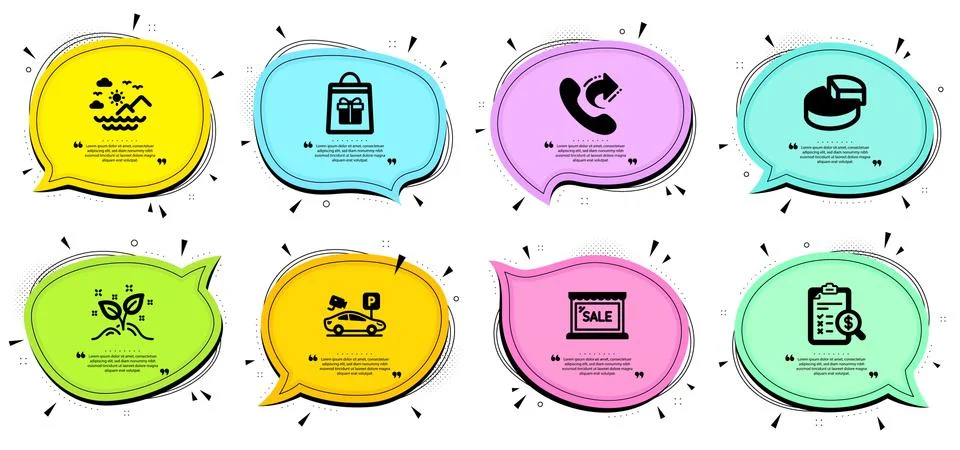 Share call, Parking security and Sea mountains icons set. Sale, Startup concept Ilustração Stock
