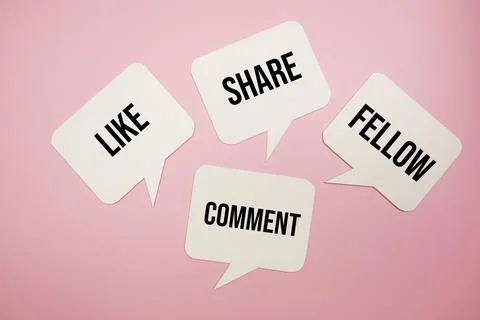 Like, Share, Comment, Follow  text message with Speech bubble, Social media.. Foto stock
