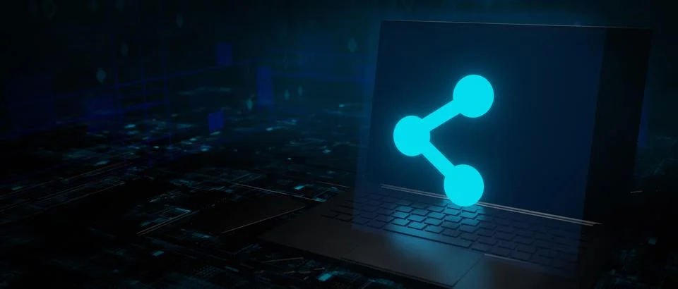 Share digital network glowing icon in laptop technology background 3D render Stock Illustration