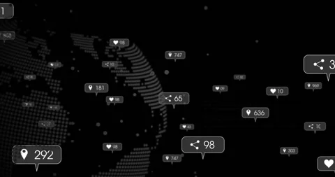 Share icon appearing triggers rotating 3D globe popping metrics and fading code Stock Footage 313704134