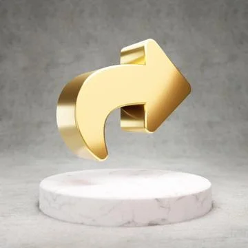 Share icon. Shiny golden Share symbol on white marble podium. Stock Illustration