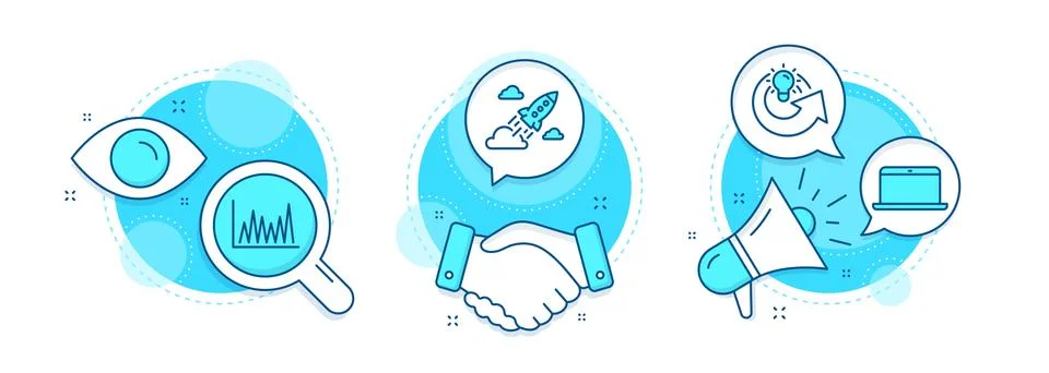 Share idea, Line graph and Laptop icons set. Startup rocket sign. Solution Illustrazione stock