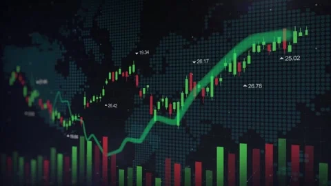 Share market chart line screen along with candlestick charts in the background Stock Footage 280330936