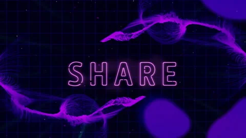 SHARE text animation over purple abstract shapes on dark grid background Stock Footage 303878444