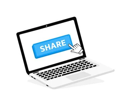 Share text on Laptop screen with a red button . Button with pointer clicking 스톡 일러스트