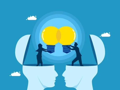 Share work knowledge. business people share light bulb ideas Illustrazione stock