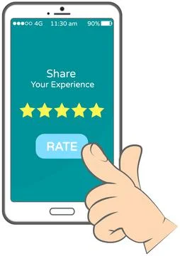 Share your experience rate button in smartphone, human hand pointing to mobile Stock Illustration