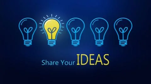 Share Your ideas Lightbulbs and one lighting bulb idea inspiration electric Stock Illustration