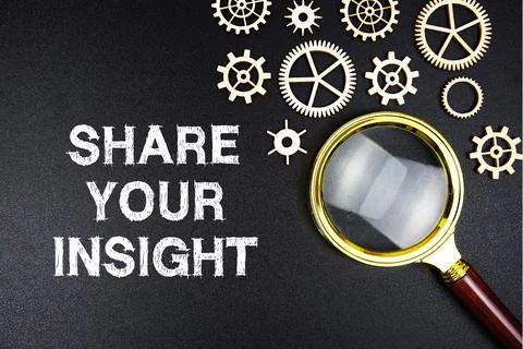 Share Your Insight text message with magnifying glass on black background Stock Photos