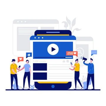 Share your story concept with tiny character. People sharing photo video fe.. Stock Illustration