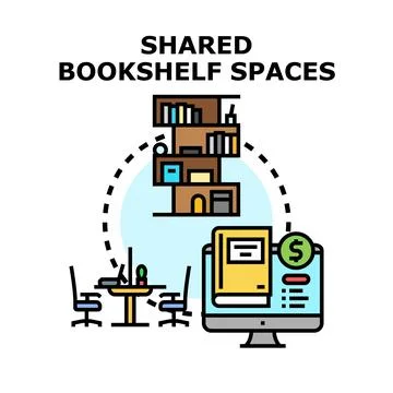 Shared bookshelf spaces concept for resource access Stock Illustration