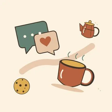 Shared coffee break with friendly conversation. Decorative flat vector compos Stock Illustration
