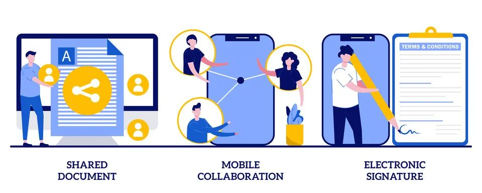 Shared document, mobile collaboration, electronic signature concept with ti.. Stock Illustration
