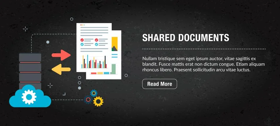 Shared documents banner internet with icons in vector. Illustrazione stock