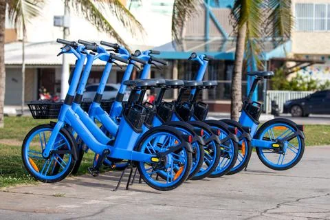 Shared electric bicycles. Stock Photos