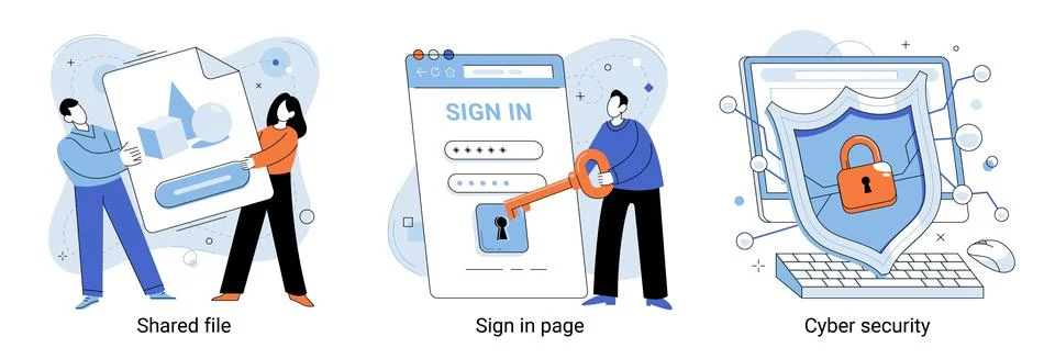 Shared file, cyber security, sign in page. Safe use of software and personal Stock Illustration