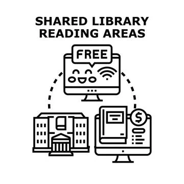 Shared library reading areas accessing digital resources Ilustración de archivo