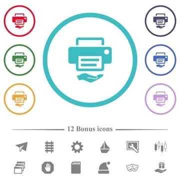 Shared printer flat color icons in circle shape outlines Stock Illustration
