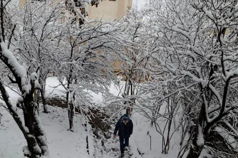 Shared Responsibility during the COVID-19 Corona Virus Pandemic and Snowfall Stock Photos
