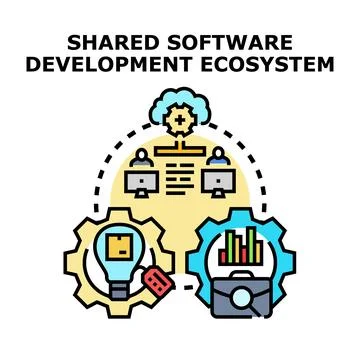 Shared software development ecosystem collaborating remotely Stock Illustration