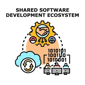 Shared software development ecosystem teamwork collaborating digital project Stock Illustration