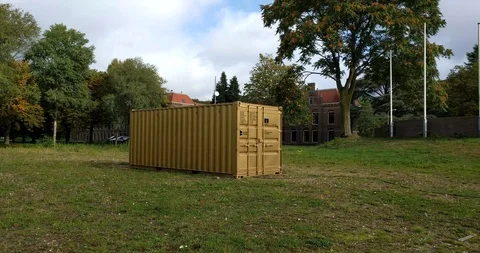 Shared studios gold shipping container - establishing shot Stock Footage 116876482