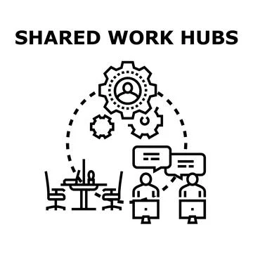 Shared work hubs connecting people collaborating online Stock Illustration