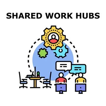 Shared work hubs connecting people collaborating online Stock Illustration
