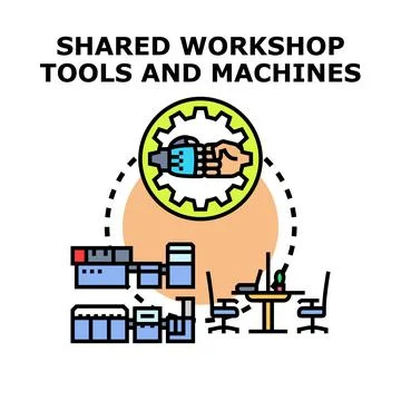 Shared workshop tools and machines concept illustration Stock Illustration