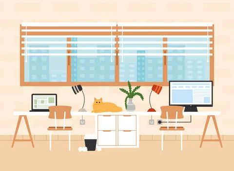 Shared workspace with cat and large windows Vector Stock Illustration