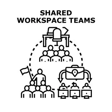 Shared workspace teams collaborating remotely on global projects Stock Illustration