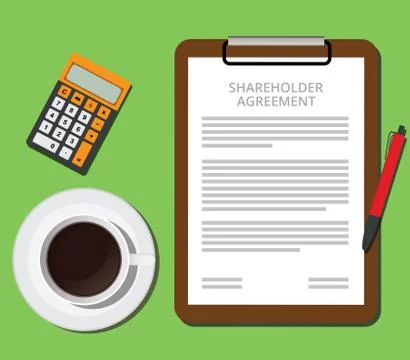 Shareholder agreement clipboard with document cup of coffee and calculator Stock Illustration