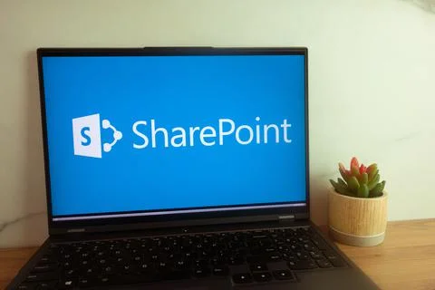 SharePoint collaborative platform logo on laptop Stock Photos