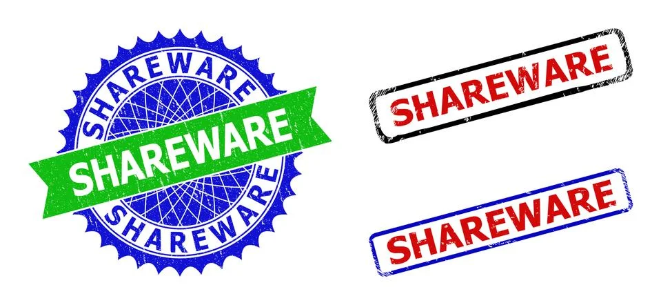 SHAREWARE Rosette and Rectangle Bicolor Badges with Corroded Surfaces Stock Illustration