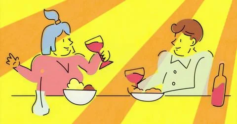 Sharing couple clinking wine glasses at dining table, with wine bottle carafe Ilustração Stock