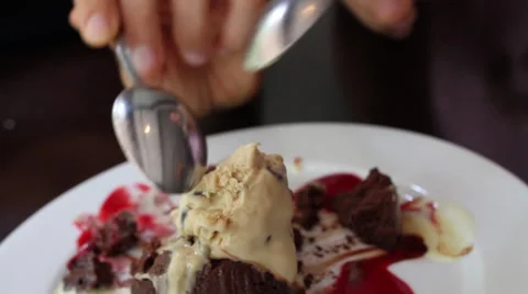 Sharing Delicious Dessert Cake and Ice Cream Stock Footage 32301560