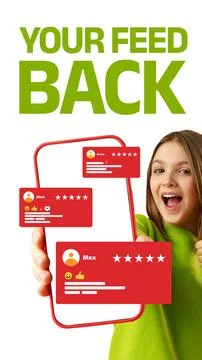 Sharing feedback on a mobile phone display with a smiling person holding the Stock Photos