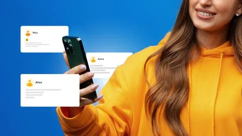 Sharing feedback through a smartphone in a bright setting with multiple user Stock Photos