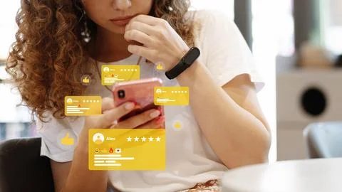 Sharing feedback while using a smartphone in a cafe setting Stock Photos