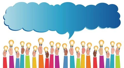 Sharing. Hands with light bulbs. Multicultural people who communicate online Stock Illustration