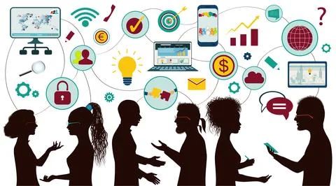 Sharing ideas and technology for the future. Communication and network Mind Map. Stock Illustration