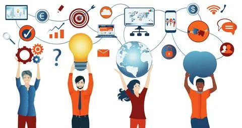 Sharing ideas. Communication and network between diverse people. Connection Stock Illustration