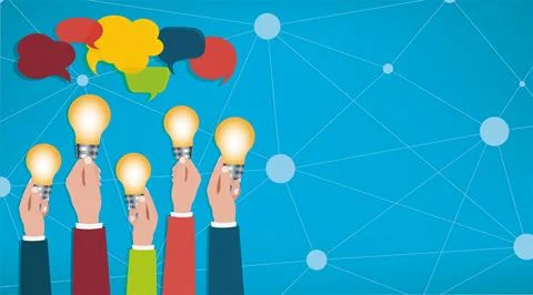Sharing ideas. Hands with light bulbs. Communication and discussion. community Stock Illustration