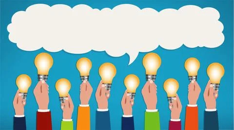 Sharing ideas. Hands with light bulbs. Communication and discussion community Stock Illustration