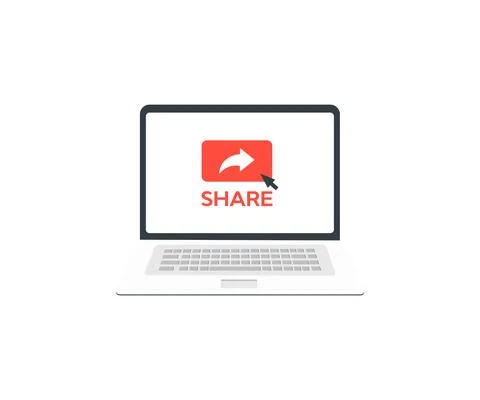 Sharing website page via share button  in laptop computer screen  logo design. Stock Illustration