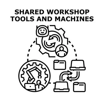 Sharing workshop tools machines and digital resources Stock Illustration